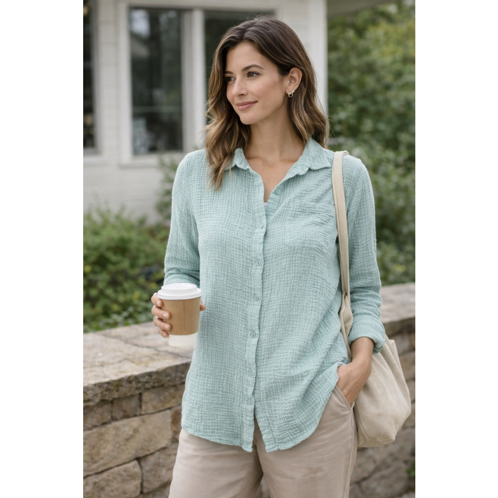 Anne Klein XS Gauze Button Front Blouse Sage Green Lightweight Relaxed Top